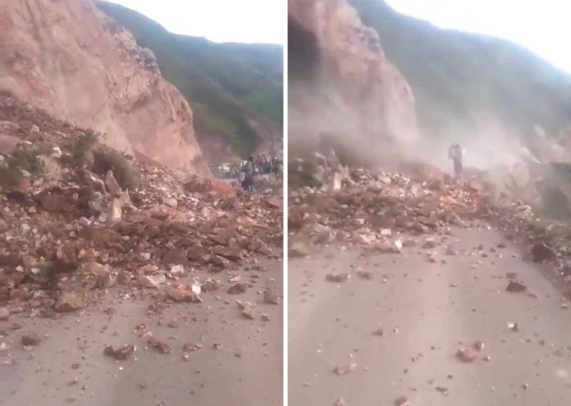 شاهد : فيديو صادم لـ انهيار جبل فوق سيدة أثناء تصويرها سقوط الصخور