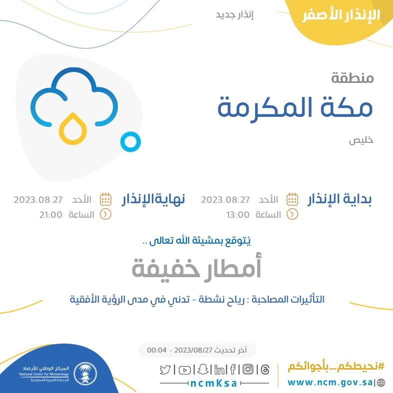 إنذار جديد: عاجل الأرصاد السعودية تطلق “الإنذار الأصفر” بمكة