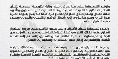 التنسيقية تثمن بيان «الخارجية»: موقف مصر ثابت ضد أي طرح أو تصور يهدف إلى تصفية القضية الفلسطينية  - الخليج الان