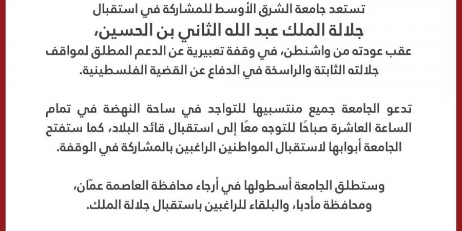 جامعة الشرق الأوسط تشارك في استقبال جلالة الملك وتفتح أبوابها لاستقبال المواطنين - الخليج الان