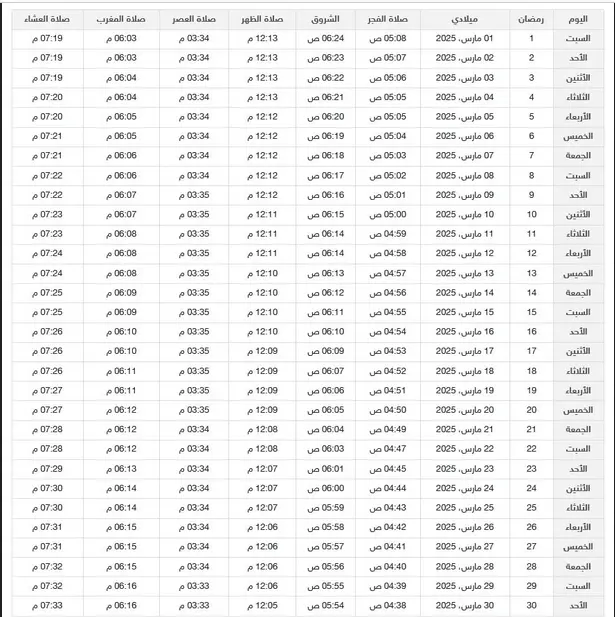 إمساكية رمضان 1446 في مدن السعودية مواعيد الصلوات والإفطار والإمساك